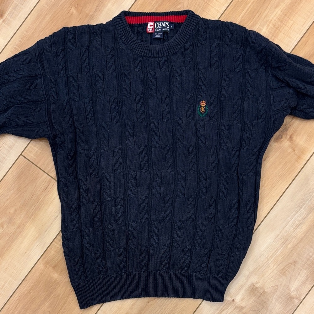 Vintage Chaps Ralph Lauren Men's Navy Cable-Knit Crewneck Sweater